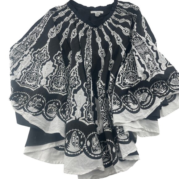 WD-NY Intricate Black White Printed Asymmetrical Blouse Sz 4 Linen Cotton - Picture 2 of 5
